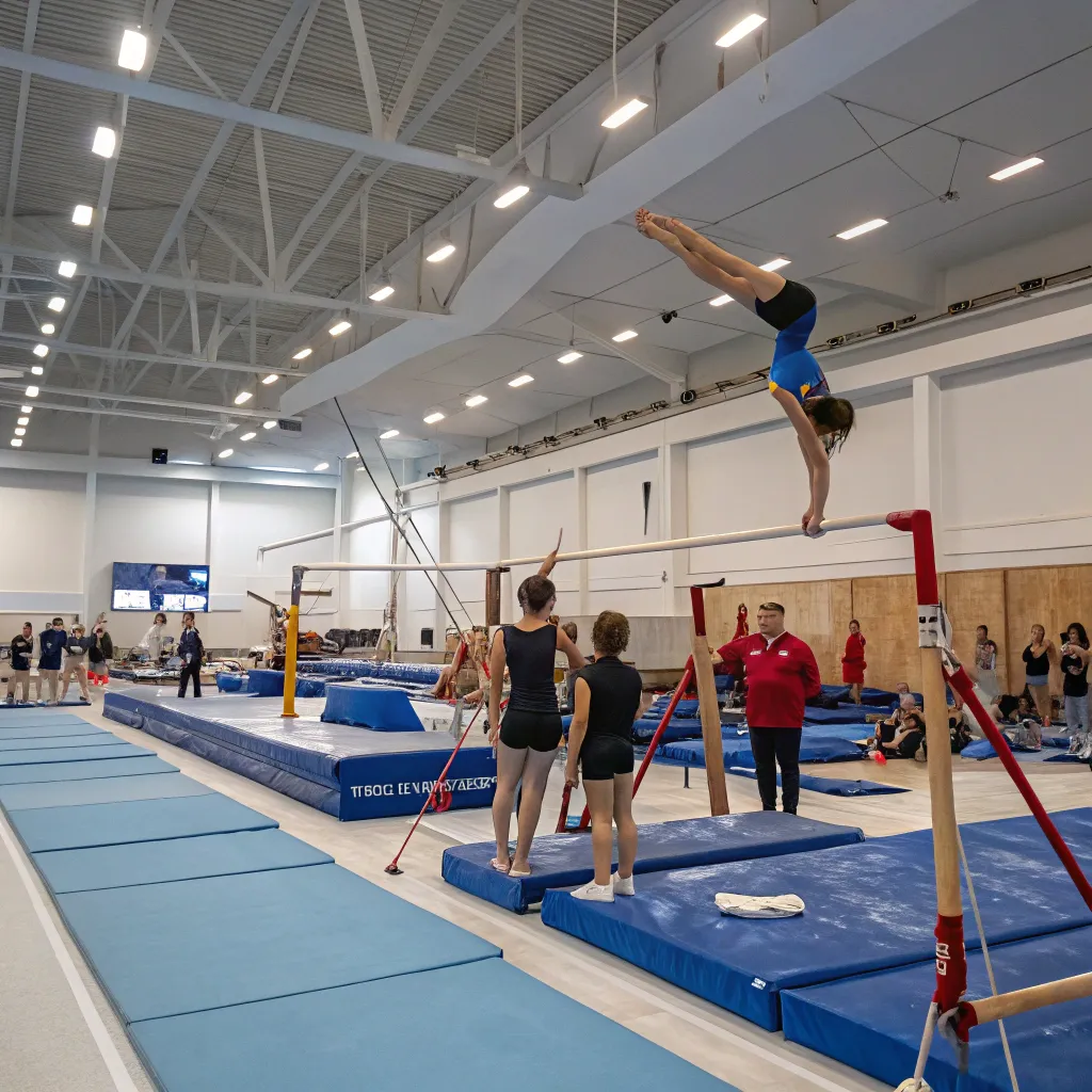 A group of gymnasts practicing in a gymnasium