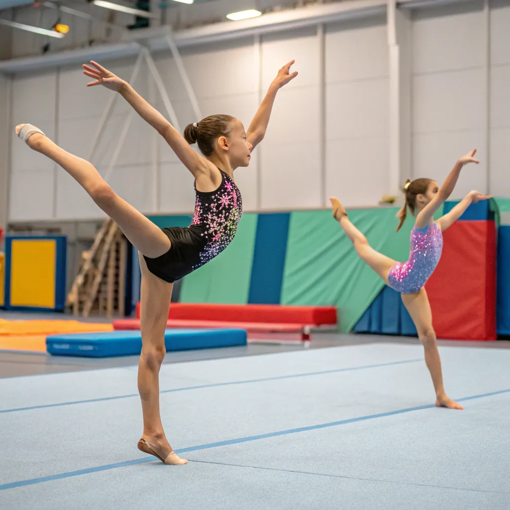 Young gymnasts performing in a gymnasium