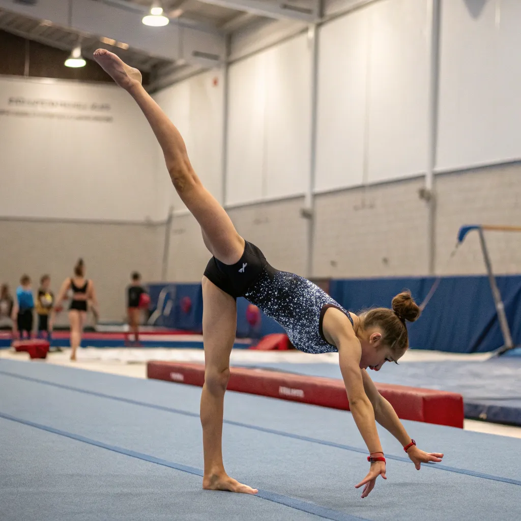 A gymnast perfecting her routine